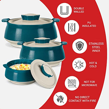 Milton Casserole for hot food, Double walled insulated inner Stainless Steel hot pot with lid, Serving box for food and roti, insulated serving bowl with lid, Set of 3 Set of 3 (Size 62, 45, 28 oz) Venice, Marble Green