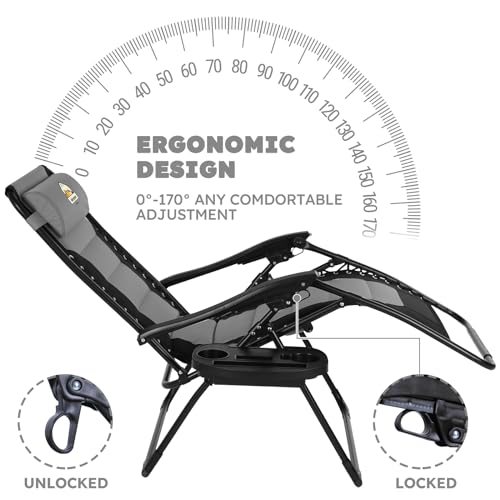 Colegence Oversized Padded Zero Gravity Lounge Chair, Foldable Patio Anti Gravity Reclining Chairs Folding Lawn Recliner with Cup Holder for Yard, Camping, Outdoor, Support 350 LBS, Black