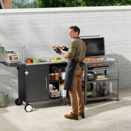 ahomrt Outdoor Grill Table with Sink, Metal Worktable Kitchen Cabinet Island w/ 304 Stainless Steel Sink, Foldable Top and Storage Cabinet, Rolling Grill Cart with Wheels for Garden, Backyard and Lawn
