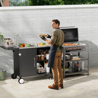 ahomrt Outdoor Grill Table with Sink, Metal Worktable Kitchen Cabinet Island w/ 304 Stainless Steel Sink, Foldable Top and Storage Cabinet, Rolling Grill Cart with Wheels for Garden, Backyard and Lawn