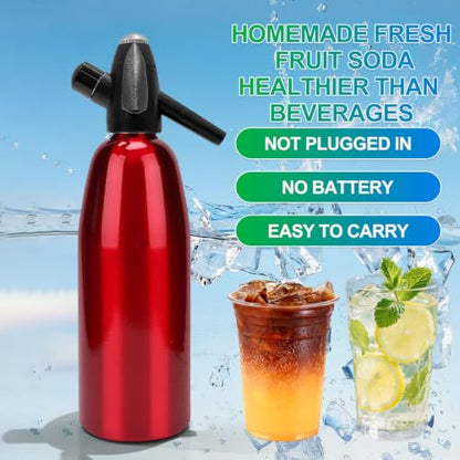 Soda Siphon, 1L Portable Seltzer Maker - Retro-Style Sparkling Water Machine for Homemade Carbonated Drinks, Juices & Cocktails, Uses 8g CO2 Cartridges (Cartridges Not Included) - (Red)