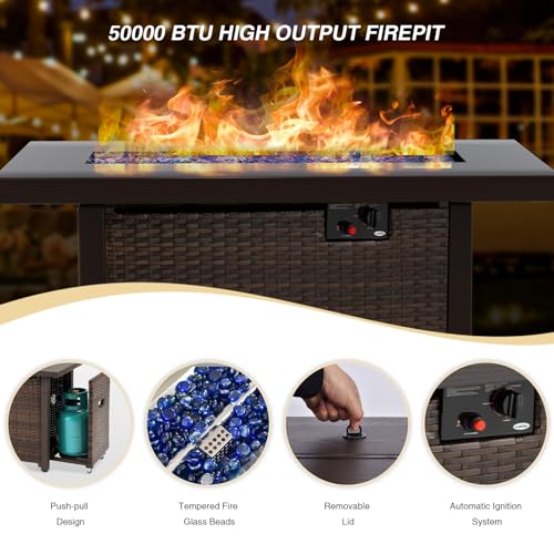TANGJEAMER 5 Piece Patio Furniture Set with Fire Pit Table, Outdoor Sectional Sofa PE Rattan, Patio Conversation Sets with Cushions for Garden Lawn Balcony Porch Deck Black