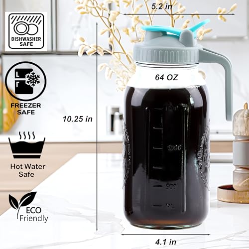 Cold Brew Coffee Maker 64 Oz Wide Mouth Mason Jar Iced Coffee Maker 2 Set Half Gallon Glass Pitcher With Strainer 2 Quart Cold Brew Pitcher With Spout Lids For Fridge, Lemonade, Cold Brew, Milk