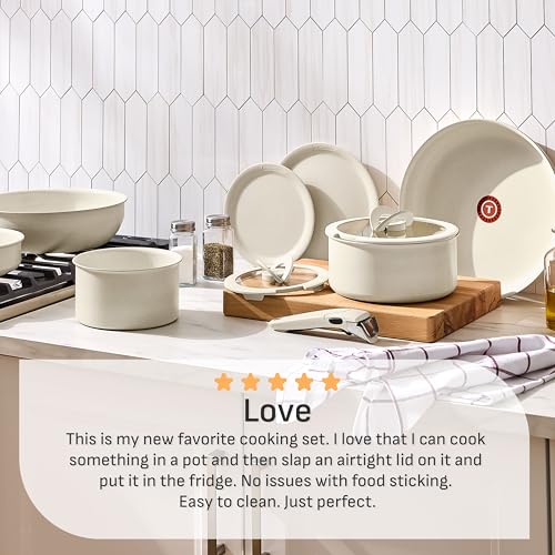 T-fal Ingenio Essentials Cookware Set with Detachable/Removable Handle 11 Piece, Granite Titanium Non Stick, Oven Broiler Safe 500F, Stackable, Pots and Pans Set, Frying Pans, Dishwasher Safe, Beige