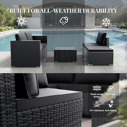 WWR Patio Furniture Set 5 Piece - Wide Armrests - All-Weather Wicker Rattan Outdoor Conversation Couch Sets, Modular Sectional Sofa for Garden, Patio, Poolside, Backyard, Balcony, Porch