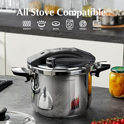 KOCH SYSTEME CS Stainless Steel Pressure Cooker 8.5 Quart, 3-in-1 Olla de Presion, One-Hand Locking, 3 PSI Settings Stovetop Pressure Cookers, induction Pressure Cooker, Glass Lid & Steamer, 8.5QT