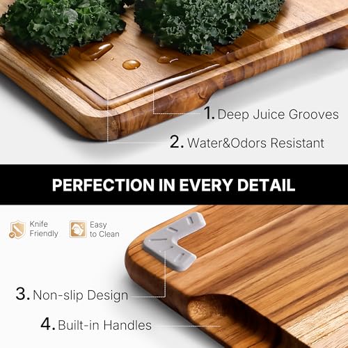4 Pack Teak Cutting Board Set for Kitchen Heavy Duty Non Toxic Non Slip Solid Thick Wood Haus Chopping Board Extra Large Big Small Meat Best Wooden Charcuterie Board