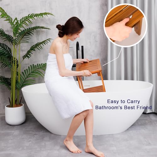 14" Compact Teak Shower Stool with Shelf & Handle - Waterproof, Non-Slip Bath Bench for Small Bathrooms/Tub/Outdoor Use, 300 lbs Capacity (Patented)