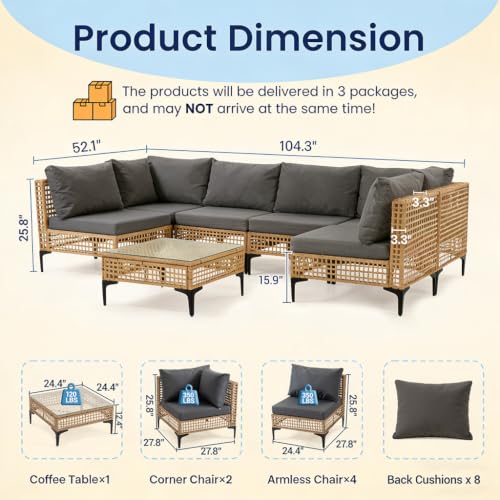 WiNVO 7 Piece Outdoor Patio Furniture Set with Coffee Table - Grey