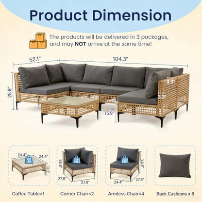 WiNVO 7 Piece Outdoor Patio Furniture Set with Coffee Table - Grey
