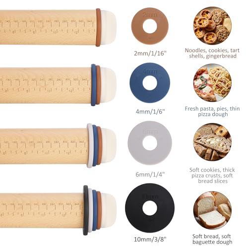Oiforce Rolling Pin with Adjustable Thickness Rings, Wooden Rolling Pin for Baking, 13.6" Precise Dough Roller for Baking Fondant, Pizza, Pie, Pastry, Pasta, Cookies and More