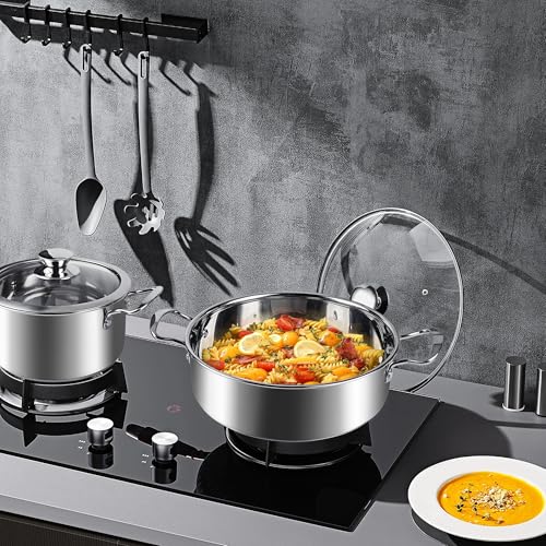 ASKSCICI 6-Piece Stainless Steel Cookware Set, Induction Pots and Pans Set with Glass Lids, Non-Toxic Kitchen Set for Gas/Electric/Induction, Oven & Dishwasher Safe