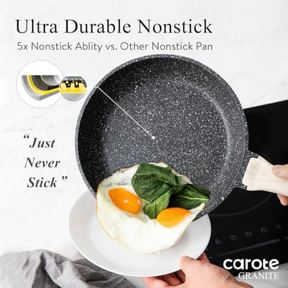 CAROTE Non Stick Frying Pan Skillet, 8" Nonstick Fry Pan with Glass Lid, Egg Pan Omelet Pans, Granite Cookware, PFOA Free (Classic Granite, 8-Inch)