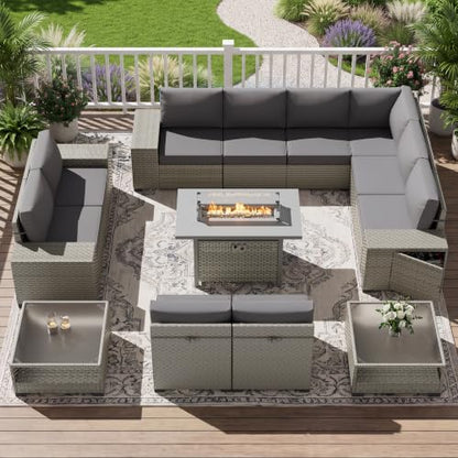 13 Pieces Patio Furniture Set with Fire Pit,Outdoor Wicker Sectional Sofa