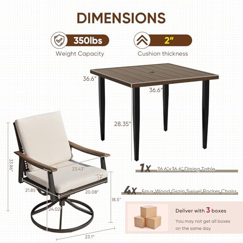 NATURAL EXPRESSIONS Outdoor Dining Set,Patio Table and Chairs Set with 4 Rattan Wicker Swivel Chairs,5 Piece Patio Dining Set for 4,36.6" Woodgrain Table with 1.65" Umbrella Hole,Patio Sets for Yard