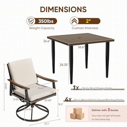 NATURAL EXPRESSIONS Outdoor Dining Set,Patio Table and Chairs Set with 4 Rattan Wicker Swivel Chairs,5 Piece Patio Dining Set for 4,36.6" Woodgrain Table with 1.65" Umbrella Hole,Patio Sets for Yard