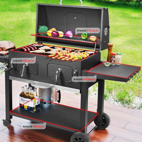 Kenadne Charcoal Grill Outdoor BBQ Grill, Extra Large Cooking Area 794 Square Inches with Two Adjustable & Individual Charcoal Tray, Foldable Side Tables for Outdoor Cooking grill Backyard