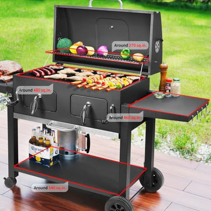 Kenadne Charcoal Grill Outdoor BBQ Grill, Extra Large Cooking Area 794 Square Inches with Two Adjustable & Individual Charcoal Tray, Foldable Side Tables for Outdoor Cooking grill Backyard