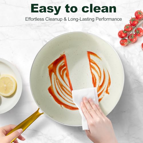 M MELENTA Pots and Pans Set Non Stick, 7 Piece White Granite Induction Cookware Set, Nonstick Kitchen Cooking Set with Gold Handle and Utensil, Oven Safe (PFOS, PFOA Free)