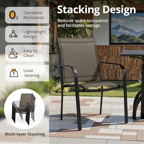 SUNCROWN 5 Pieces Outdoor Dining Set, Patio Furniture Set with 4 x Textilene Dinning Chairs and 1 Steel Slat Metal Bistro Table for Lawn Garden Backyard Deck - Brown