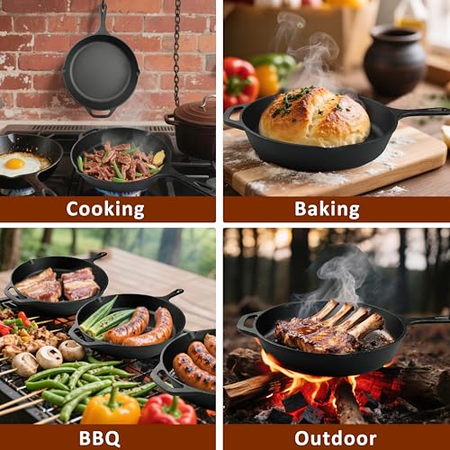 10 Inch Cast Iron Skillet, Pre-Seasoned Frying Pan for Oven, Stovetop, Grill & Campfire, Durable, Non-Toxic, Even-Heating Cookware, Black