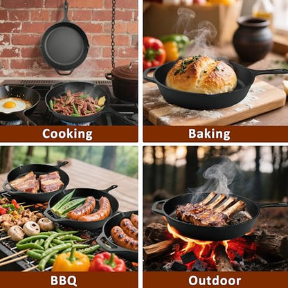 10 Inch Cast Iron Skillet, Pre-Seasoned Frying Pan for Oven, Stovetop, Grill & Campfire, Durable, Non-Toxic, Even-Heating Cookware, Black