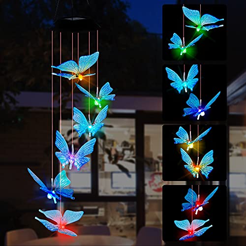 SAND MINE Solar Wind Chimes, Outdoor Butterfly Wind Chimes, Color Changing LED Mobile Wind Chime, Outdoor Waterproof LED Solar Light for Porch Deck Garden Patio Decor, Blue