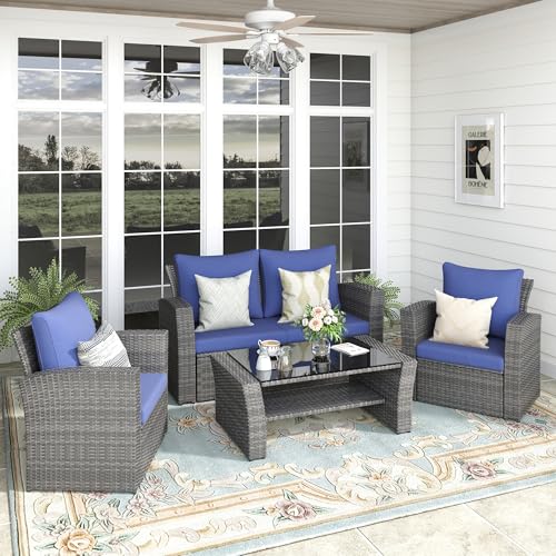 FansaFurn 4-Piece Outdoor Patio Furniture Set, All Weather Wicker Rattan Sectional Sofa Conversation Seating Set with Cushions & Large Glass Coffee Table, Ideal for Garden Backyard Porch, Blue