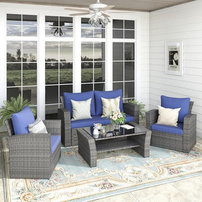FansaFurn 4-Piece Outdoor Patio Furniture Set, All Weather Wicker Rattan Sectional Sofa Conversation Seating Set with Cushions & Large Glass Coffee Table, Ideal for Garden Backyard Porch, Blue