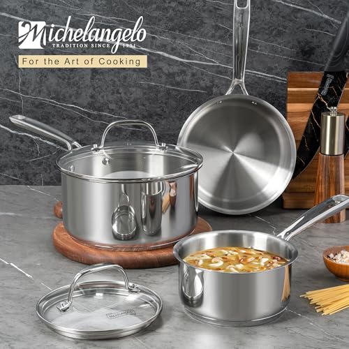 MICHELANGELO Stainless Steel Saucepan Set with Lid, Premium Triply Stainless Steel Sauce Pan with Cool Handle, Nonstick Sauce Pot Set for Kitchen Cooking, Induction Compatible, 1QT & 2QT & 3QT