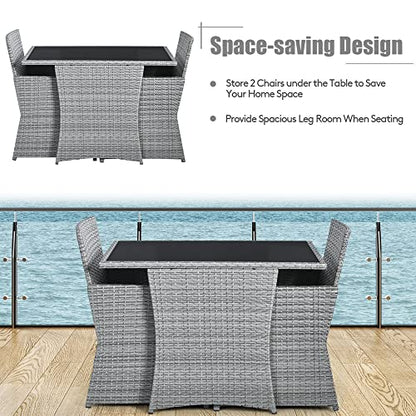 DORTALA Wicker Outdoor Bistro Set 3 Piece, Patio Furniture Set for Small Space with Table & Dining Chairs, Rattan Conversation Sofa Set for Balcony, Porch, Backyard, Deck, Grey