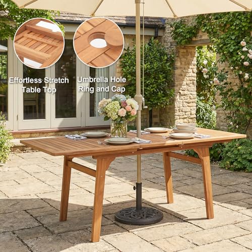 SUNSITT 7-Piece Outdoor Patio Dining Set, 55" - 71" Acacia Wood Expandable Outdoor Table Set with Umbrella Hole, 6 Woven Rattan Chairs w/Removable Cushions for Backyard, Porch, Deck