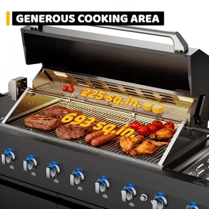 CT Copper Tailor 83-inch Outdoor Kitchen BBQ Gas Grill Island, 6 Main Burners, Infrared Rear & Side Burner,99,000 BTU, Stainless Steel, Foldable Side Table, Double Storage Cabinets & 3 Drawers