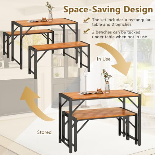 Tangkula 3-Pieces Patio Dining Set for 4 People, Outdoor Picnic Table & 2 Benches, 44" Acacia Wood Dining Table w/Metal Frame, Space-Saving Dinette Set for Garden Porch Poolside Yard Balcony