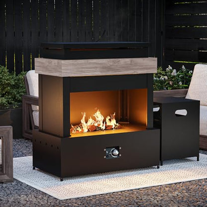 MaxMulti Outdoor Propane Fireplace w Tank Table, 50,000 BTU Gas Fire Pit with Ceramic Logs, Rain Cover, 35 Inch Steel Metal Smokeless Fireplace for Patio, Deck, CSA Certified (35 x 40 Inch)