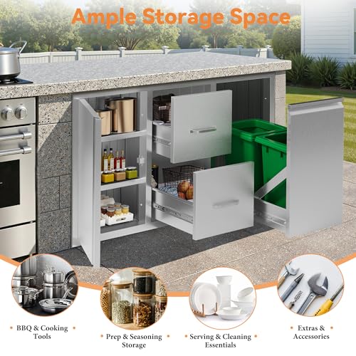 Jocisland 41.5" W20 D23 H Stainless Steel Outdoor Kitchen Drawers, Double Drawers with Trash Drawer & Door, 3-Tier Cabinet, Built-in BBQ Island Storage for Outdoor Kitchens