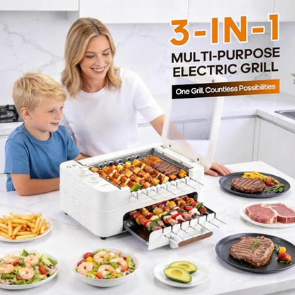 MIOAOTCE 3-IN-1 Skewer Electric Indoor Grill - 1000W Electric Grill with 360° Auto-Rotating, Smokeless Indoor Grill with 3 Cooking Modes, Temperature Adjustable, Removable Tempered Glass Lid
