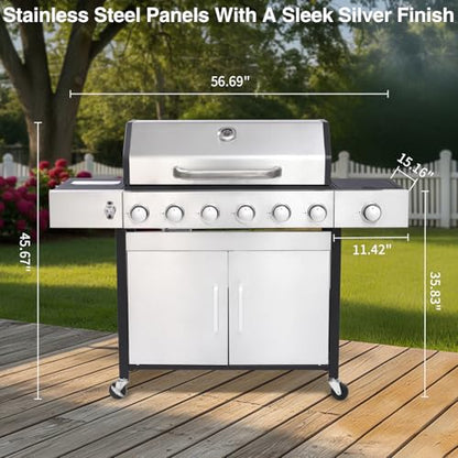 GRILL DEPOTS 6 Burner Propane Gas Grill with Side Burner, Cast Iron Grates, Plate, Lid and Warming Rack, Large Cabinet Style BBQ Grill for Barbecue Grilling Backyard Cooking, 620 SQ. IN. Cooking Area