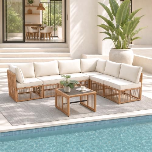 7 Piece Outdoor Small Patio Furniture Set, Wicker Sectional Furniture Set