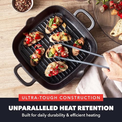 GreenPan x Bobby Flay Cast Iron 11” Square Grill Pan, Pre-Seasoned Professional Grade Heavy Duty Skillet, Helper Handles, Induction Suitable, Stovetop, Oven, BBQ & Fire, Indoor & Outdoor Use, Black
