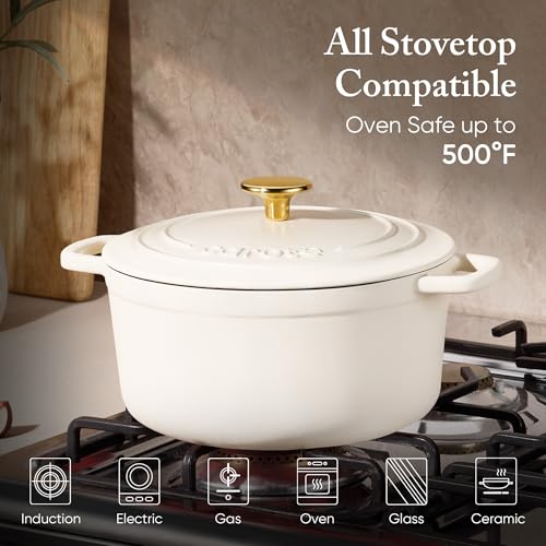 CAROTE 7QT Enameled Cast Iron Dutch Oven Pot with Lid, Heavy-Duty Dutch Ovens for Sourdough Bread Baking, Braising, Stews, Roasting, Healthy & Non-Toxic, Dual Handles, All Stovetop Compatible, Oven Safe up to 500° F, Cream White