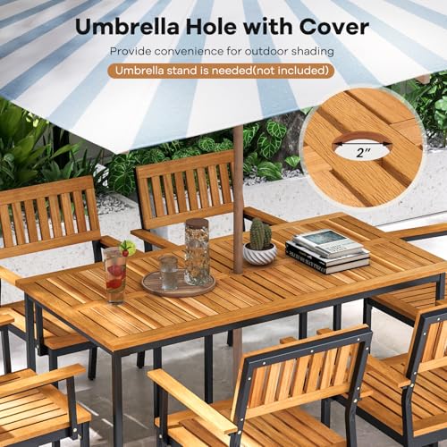 Tangkula 7 Piece Outdoor Dining Set for 6, Acacia Wood Rectangular Dining Table & 6 Armchairs w/Metal Frame, Umbrella Hole, Farmhouse Dining Furniture Set for Garden Porch Poolside Yard