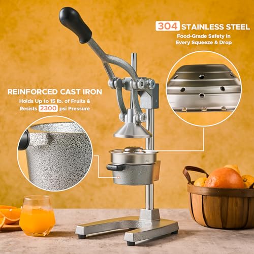 CO-Z Manual Citrus Juicer, Commercial Grade Cast Iron Orange Juicer, Professional Heavy Duty Juice Press with Removable Strainer, Manual Juice Extractor for Orange Lemon Pomegranate Citrus, Gray