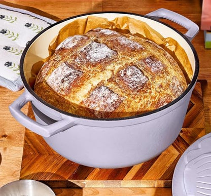 4 Quart Enameled Cast Iron Dutch Oven, Round Pot with Petal Design Lid, Non-Stick Enamel Coated Heavy-Duty Braising Pot for Stovetop, Oven Safe, Ideal for Baking, Stewing, Roasting & Daily Cooking