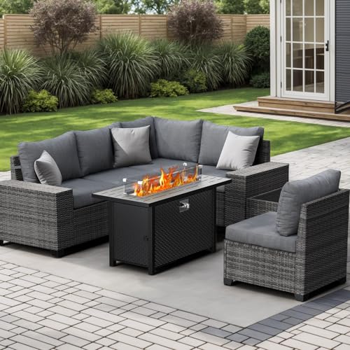 JOIVI 7 PCS PE Wicker Patio Furniture Set with 45" Fire Pit Table, Gray