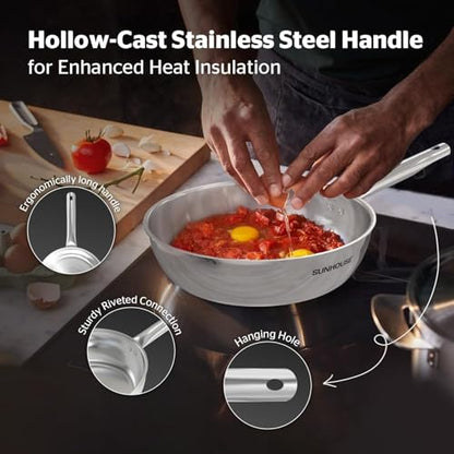 Sunhouse 18/10 Stainless Steel Pan 9 Inch, 3-Ply Clad No Coatings Frying Pan, Skillet with Stay-cool Handle, Oven and Dishwasher Safe, Induction Compatible
