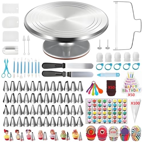 ANSLYQA Cake Decorating Kit, 393 Pcs with Aluminium Cake Turntable, Leveler, 55 Numbered Icing+Skirt Tips, 2 Spatulas, 3 Scrapers, 5 Couplers, 100 Pastry Bags, 150 Cupcake Liners & More Baking Tools