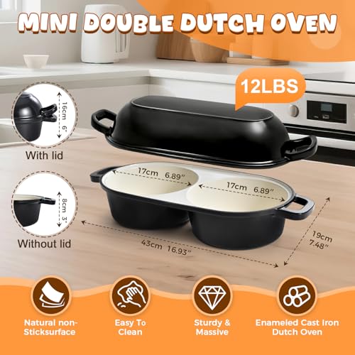 Mini Double Dutch Oven for Sourdough Bread Baking, Enamelled Cast Iron Bread Pan with Lid, Double Round Loaf Space, 16.5cm Diameter, Mini Double Dutch Oven for Homemade Baking (Black)