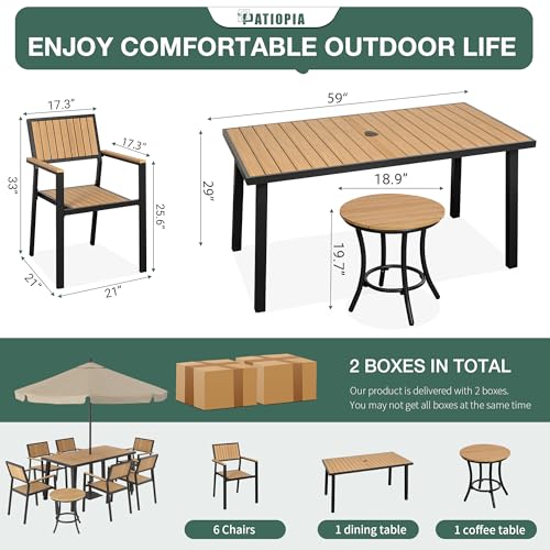 PATIOPIA 8-Piece Patio Dining Set, Outdoor Weather-Resistant Plastic-Wood Table & 6 Stackable Chairs, Outdoor Durable Aluminum Frame Furniture for Garden, Poolside, Backyard, Orange