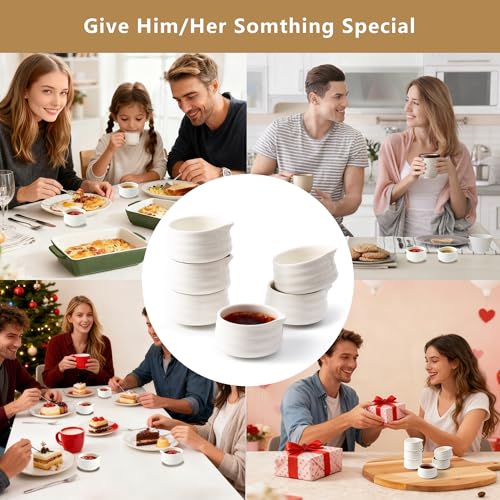 YumiPLUS 6pcs Ceramic Dipping Bowl with Spout, 3OZ Porcelain Mini Ramekins, Small Condiment Dish, Cute Pinch Bowl Set, Sauce Dish for Sushi/Ketchup/BBQ,Oven Safe